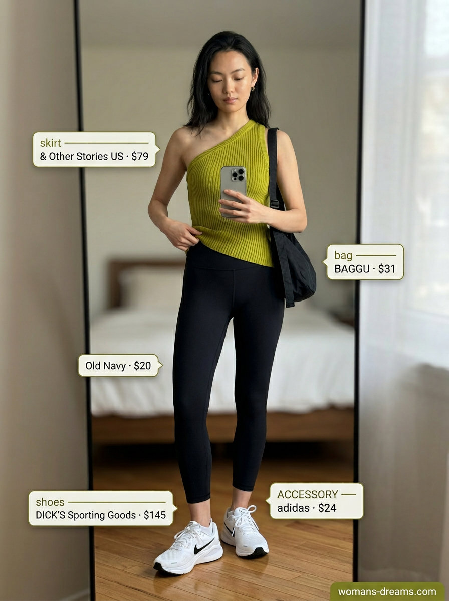 Athleisure summer asymmetric neck tank top in olive green with black leggings. Great for errands 2026.