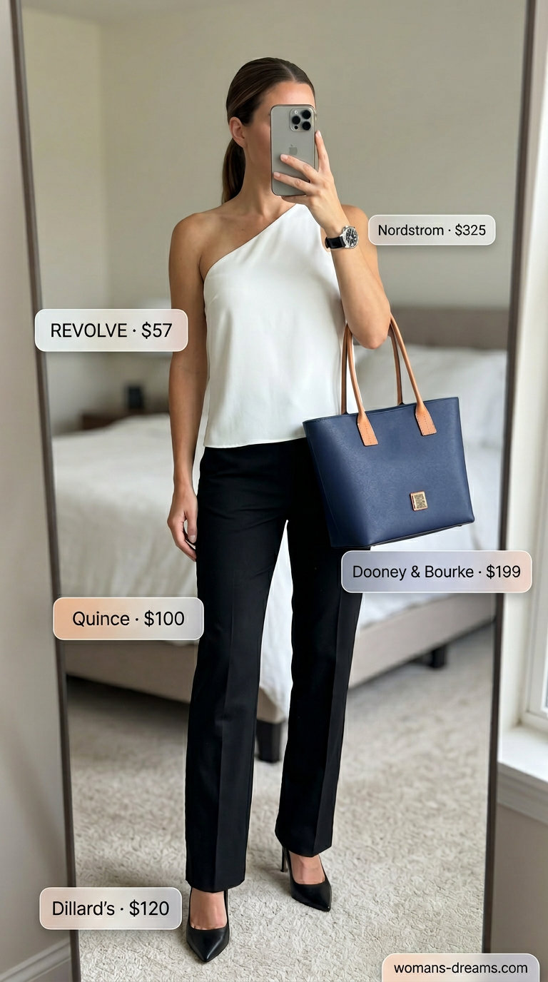 Professional black asymmetric neck silk blouse and tailored trousers for women, ideal for office meetings in 2026.