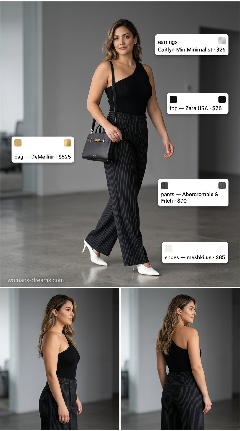 Sophisticated black asymmetric neck bodysuit with charcoal grey wide-leg pants for a modern office outfit 2026.