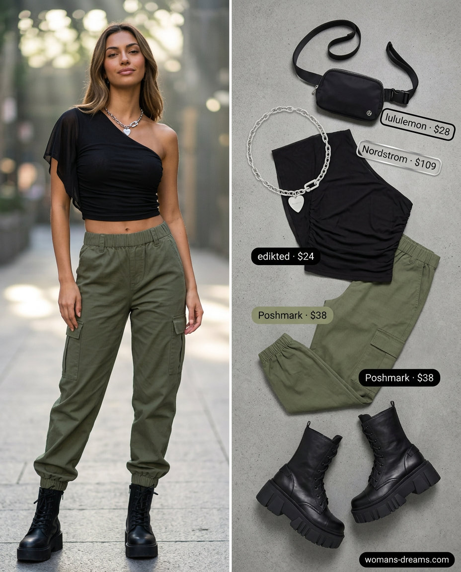 Edgy black asymmetric neck crop top with olive green cargo pants for an urban concert outfit 2026.