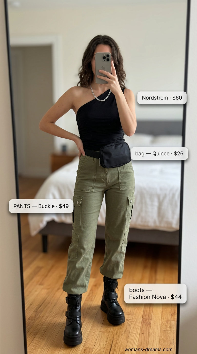 Cool black asymmetric neck crop top and olive green cargo pants for women, ideal for urban street style in 2026.