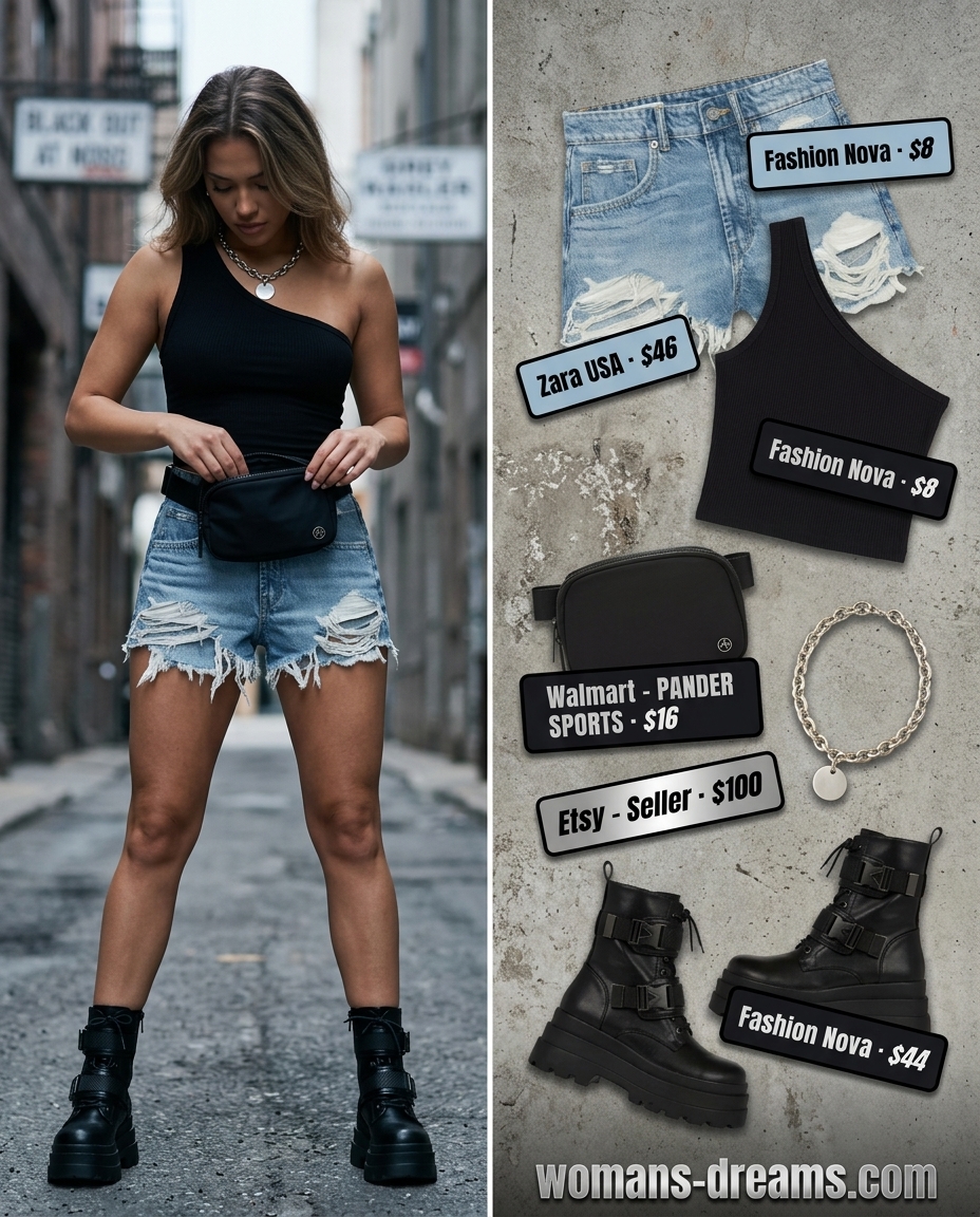 Edgy black one-shoulder tank top and distressed denim shorts for women, great for concerts and city exploration in 2026.