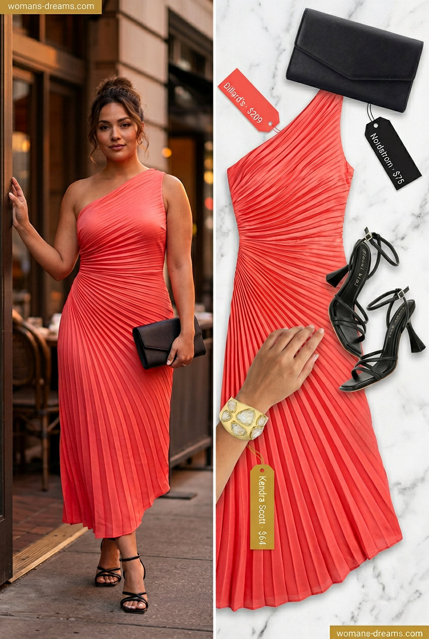 Vibrant coral asymmetric neck midi dress with gold cuff for a summer evening event outfit 2026.