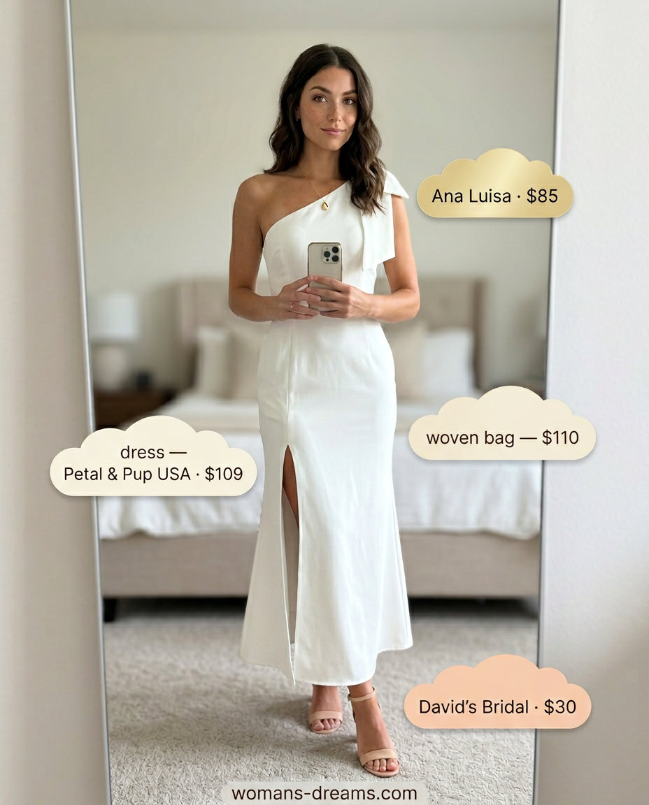 Romantic summer asymmetric neck eyelet dress in white. Ideal for garden parties 2026.