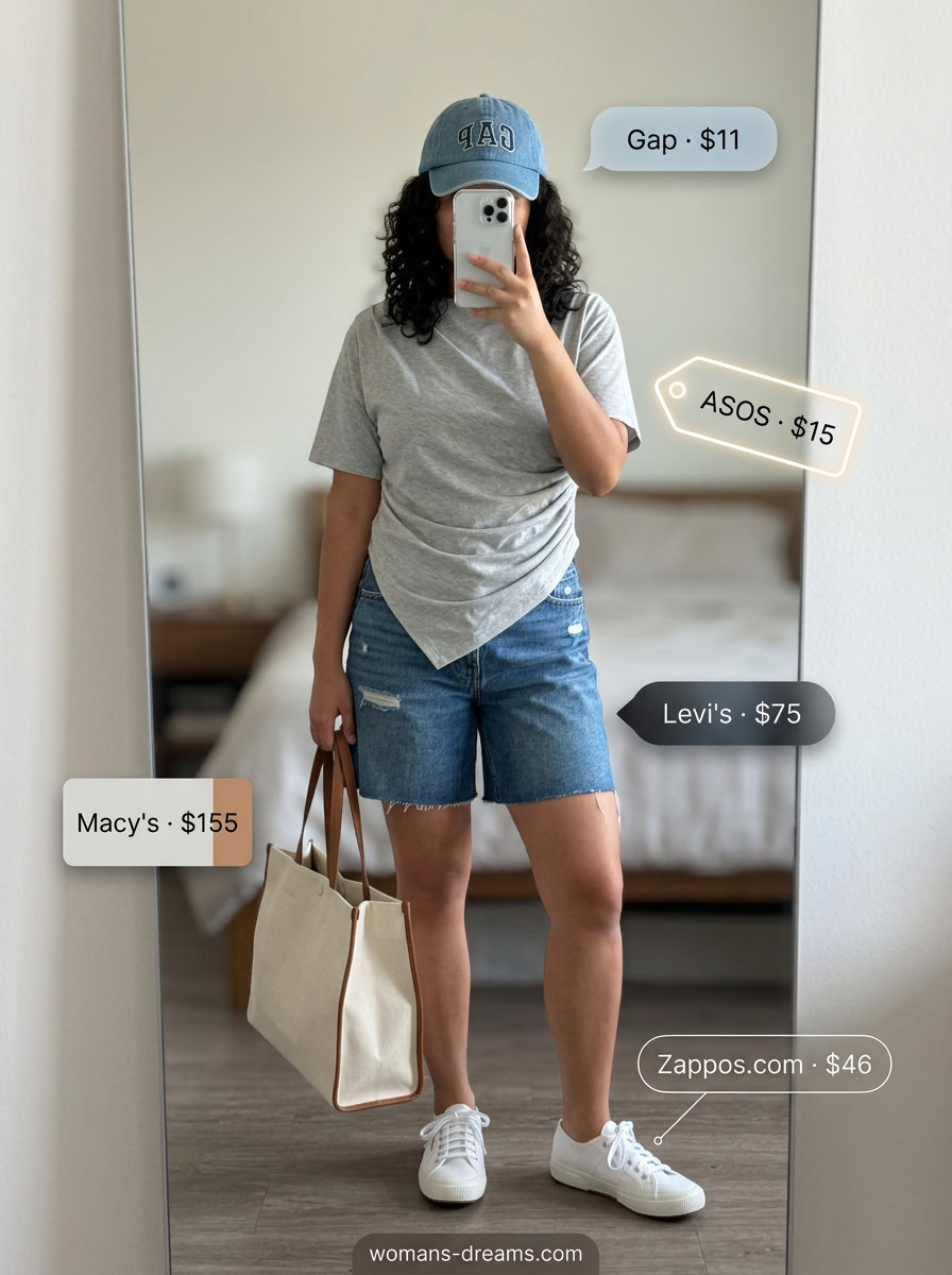 Casual heather grey asymmetric hem t-shirt and denim shorts for women, great for weekend errands and picnics in 2026.