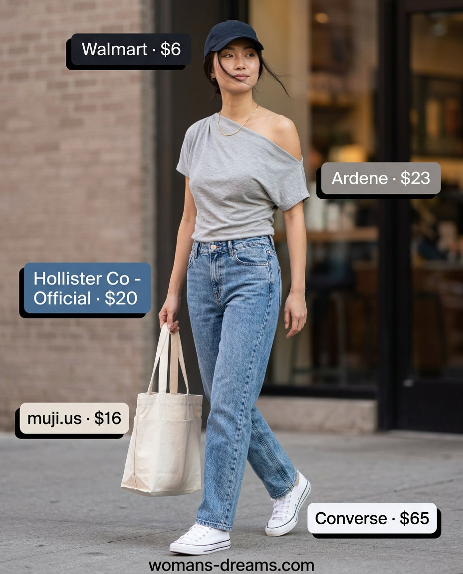 Casual grey marled asymmetric neck t-shirt with denim jeans for a weekend outfit 2026.