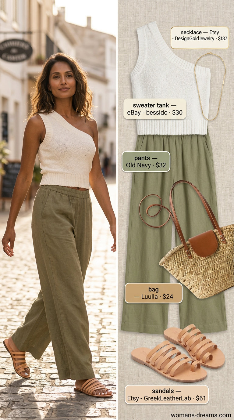 Casual summer asymmetric neck knit top in cream with sage green linen pants. Perfect for beach brunch 2026.