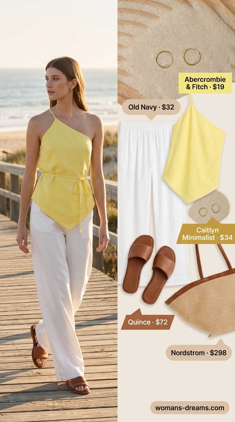 Coastal summer asymmetric neck top in seafoam green with white linen pants. Effortless beach style 2026.