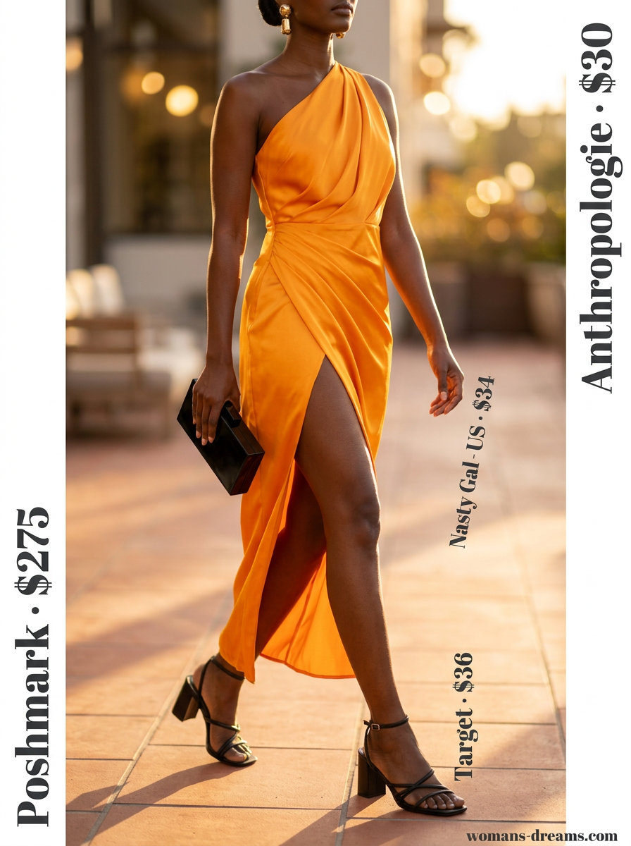 Vibrant mango orange asymmetric neck midi dress with gold earrings for a summer evening event 2026.