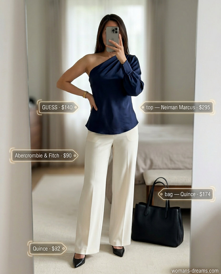 Chic office summer asymmetric neck blouse in navy blue with cream trousers. Professional & polished 2026.
