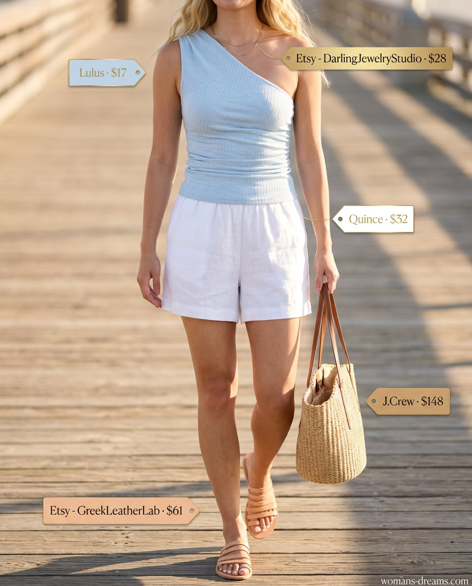 Relaxed pastel blue asymmetric neck tank top with linen shorts for a beach day outfit 2026.