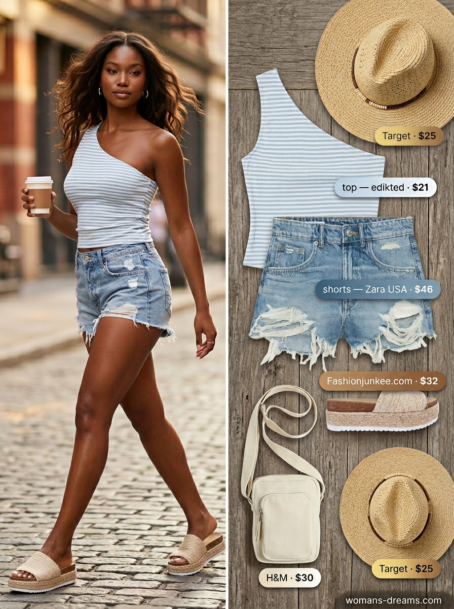 Playful blue and white stripe asymmetric neck blouse with denim shorts for a vacation outfit 2026.