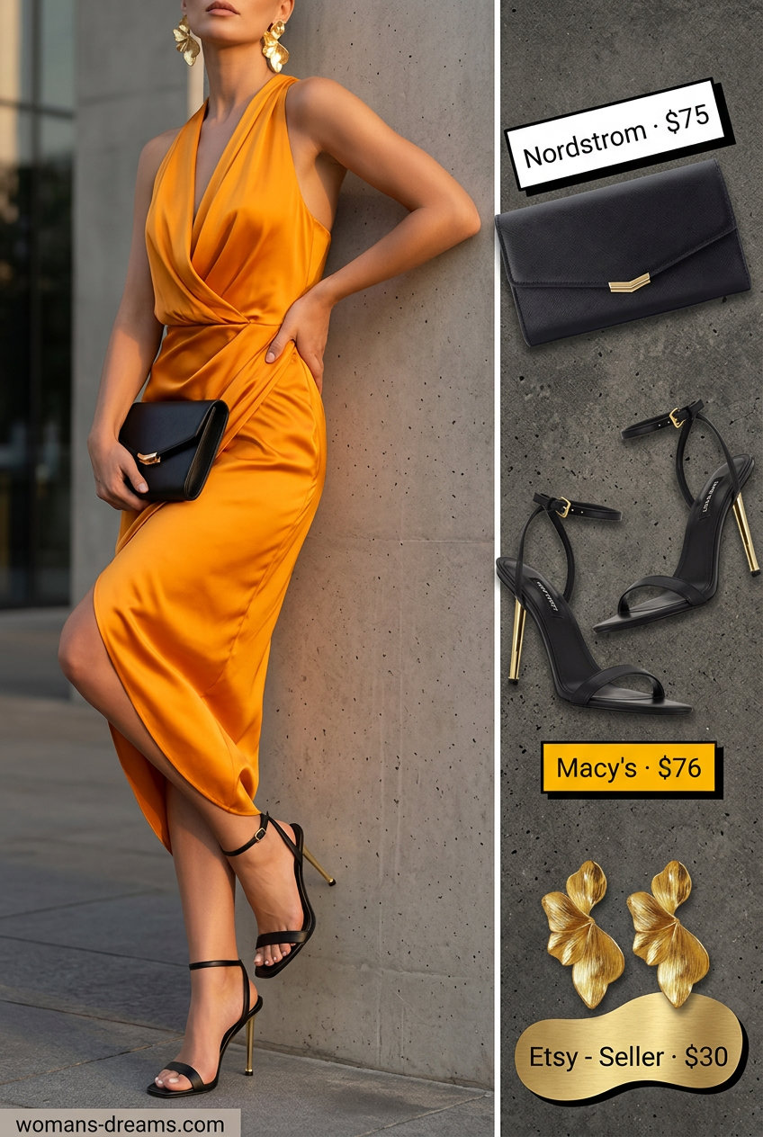 Vibrant summer asymmetric neck midi wrap dress in mango orange. Perfect for date nights 2026.