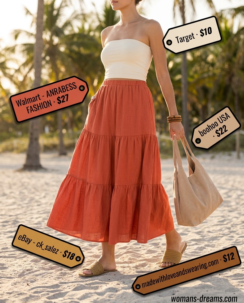 Cream bandeau top with a terracotta tiered maxi skirt for a boho beach look 2026.