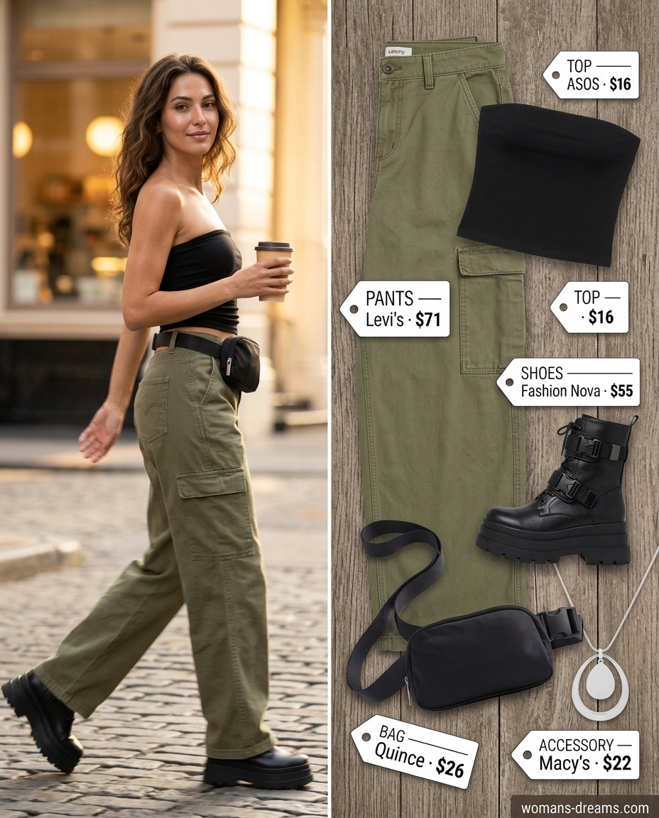 Black bandeau top with khaki cargo pants for an edgy urban explorer outfit 2026.