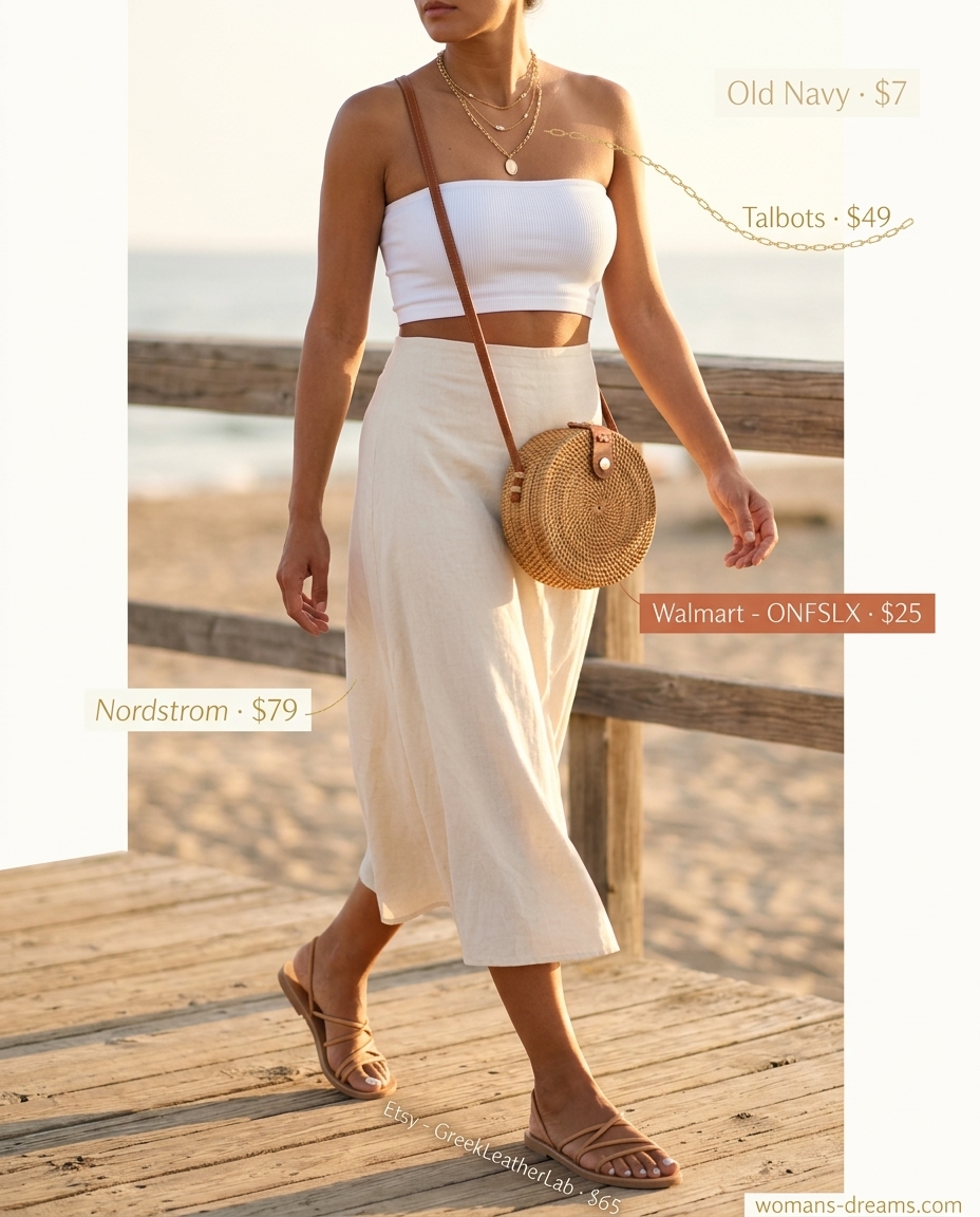 Summer bandeau top for women 2026 in ecru knit with a linen midi skirt, flat sandals, and layered gold necklaces.