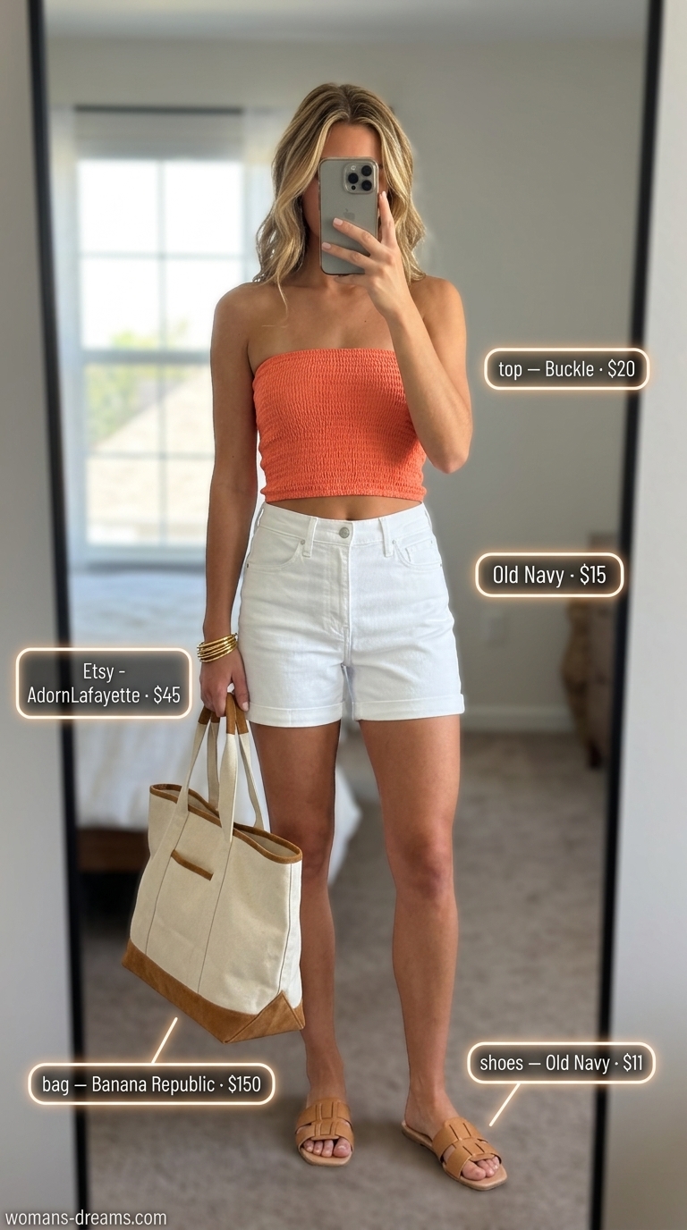 Coral bandeau top, white denim shorts, and tan sandals for a beach day outfit 2026.