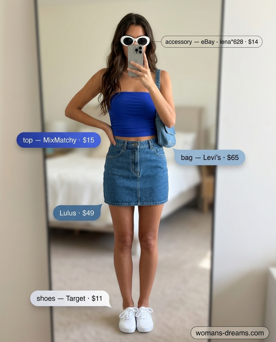 Retro denim bandeau top with high-waisted mini skirt for a casual day out 2026.
