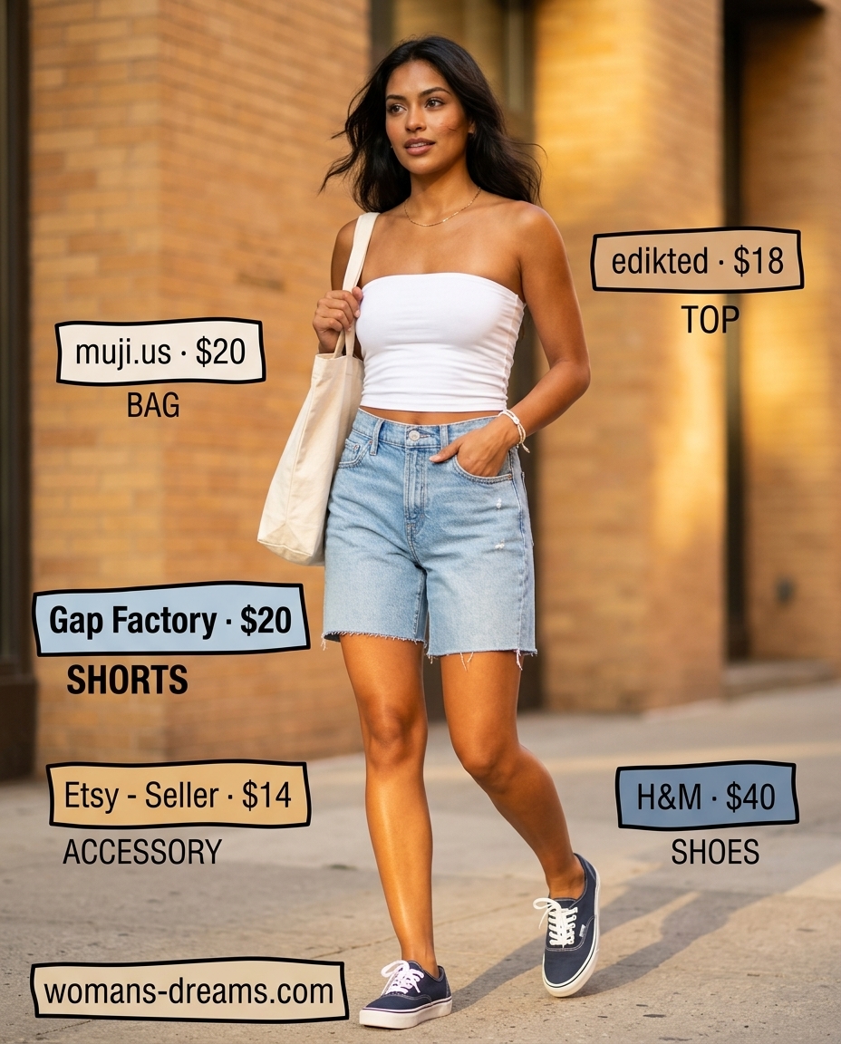 White bandeau top with denim shorts for a casual summer look 2026.
