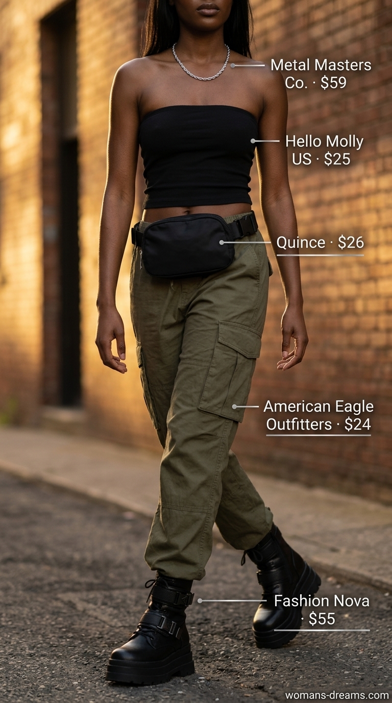 Black bandeau top with olive green cargo pants for a festival look 2026.