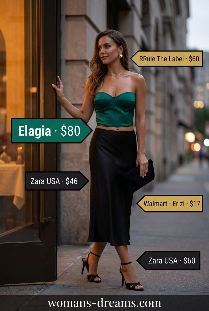 Emerald green satin bandeau top with a black midi skirt for evening events 2026.