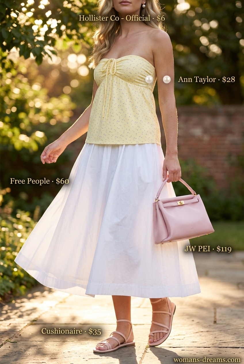 Pastel floral bandeau top with cream midi skirt for a romantic garden party outfit 2026.
