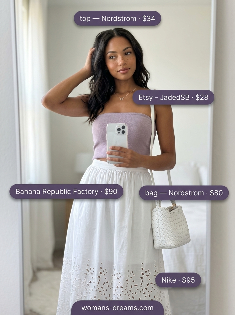 Lavender bandeau top with a white eyelet midi skirt for a garden party 2026.