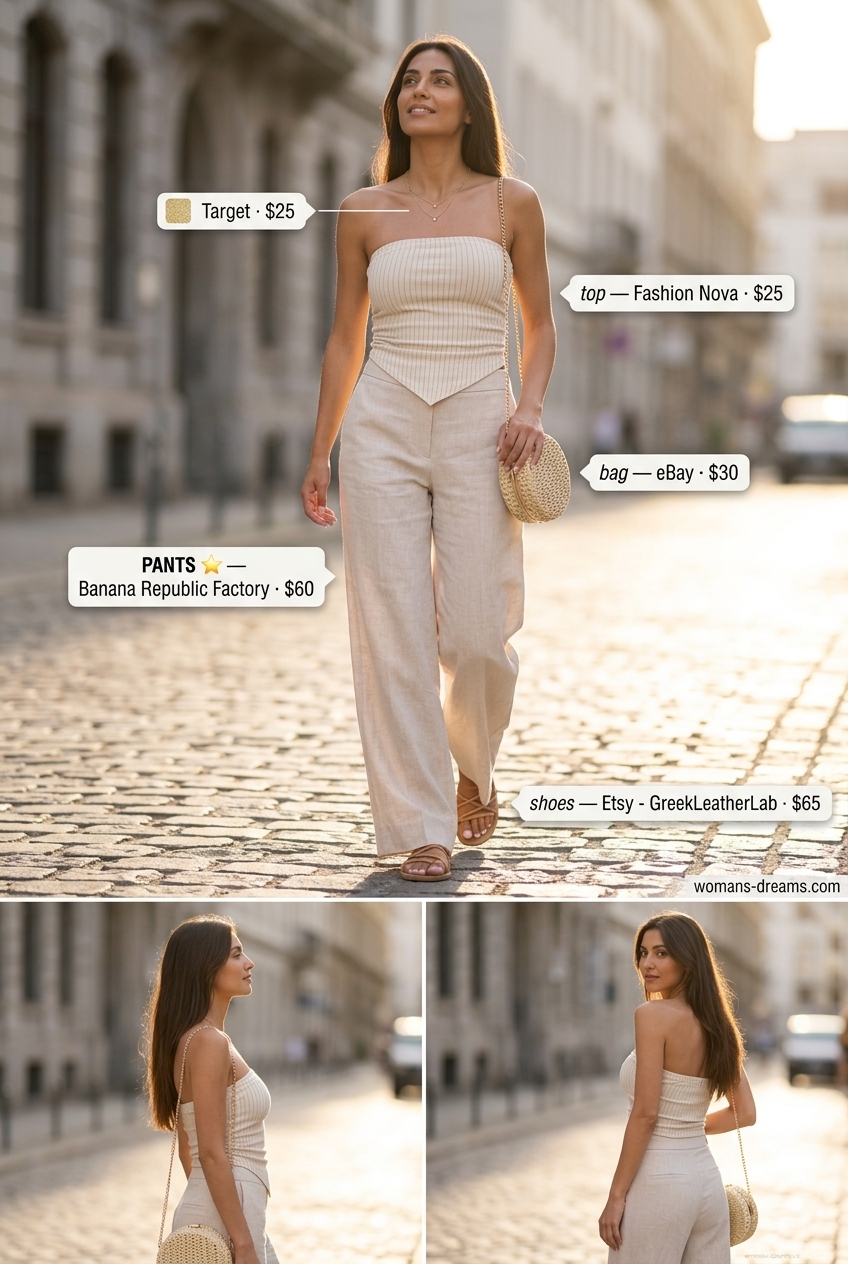 Summer bandeau top for women 2026 in natural linen with wide-leg pants, flat sandals, and layered gold necklaces.