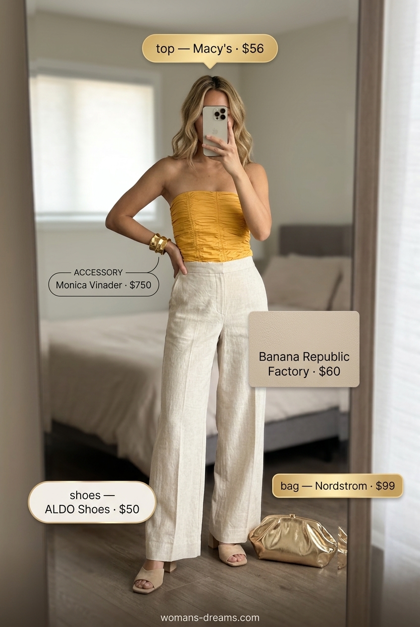 Mustard yellow bandeau top with cream linen pants for elegant evening cocktails 2026.