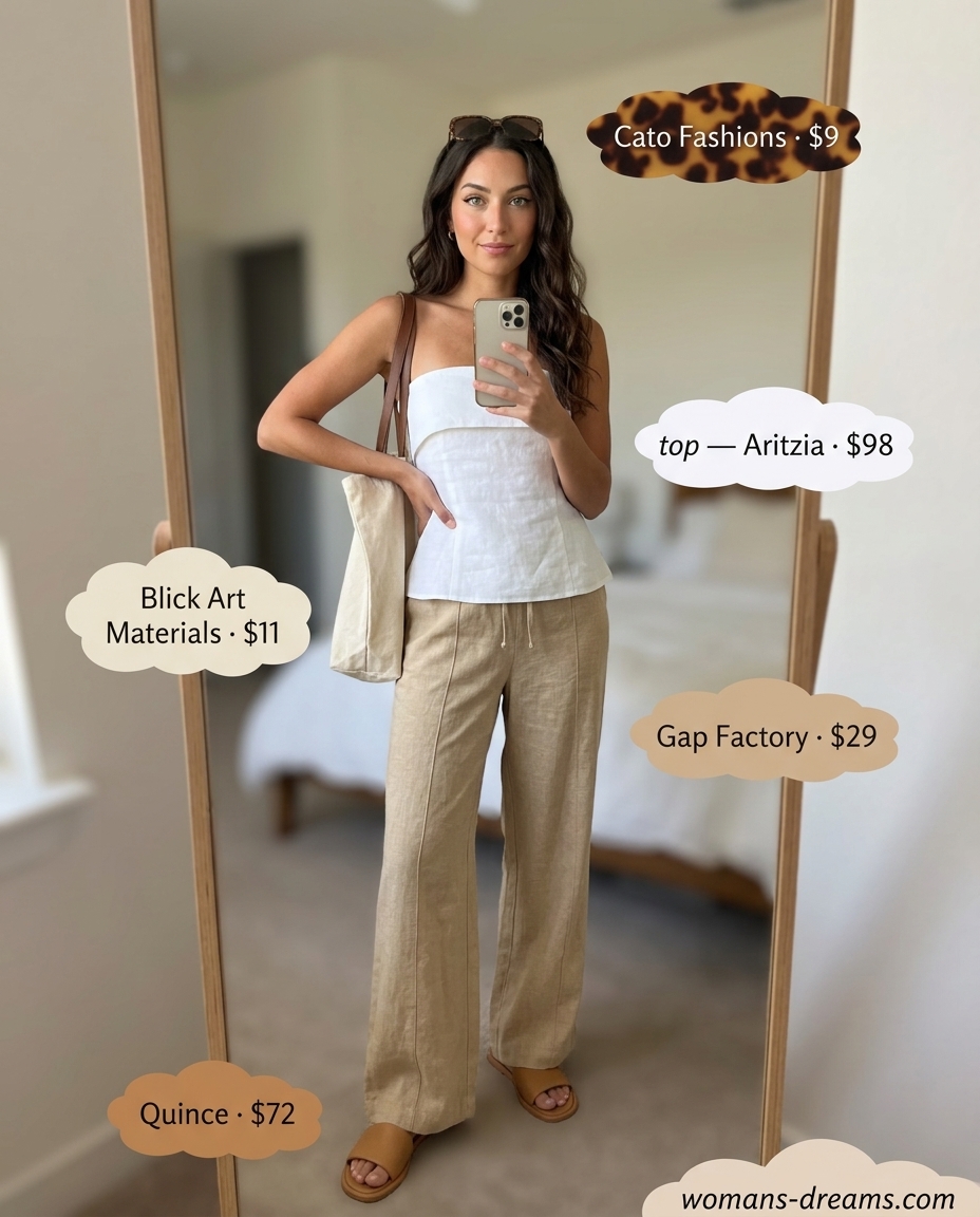 White linen bandeau top with beige linen pants for a relaxed seaside look 2026.