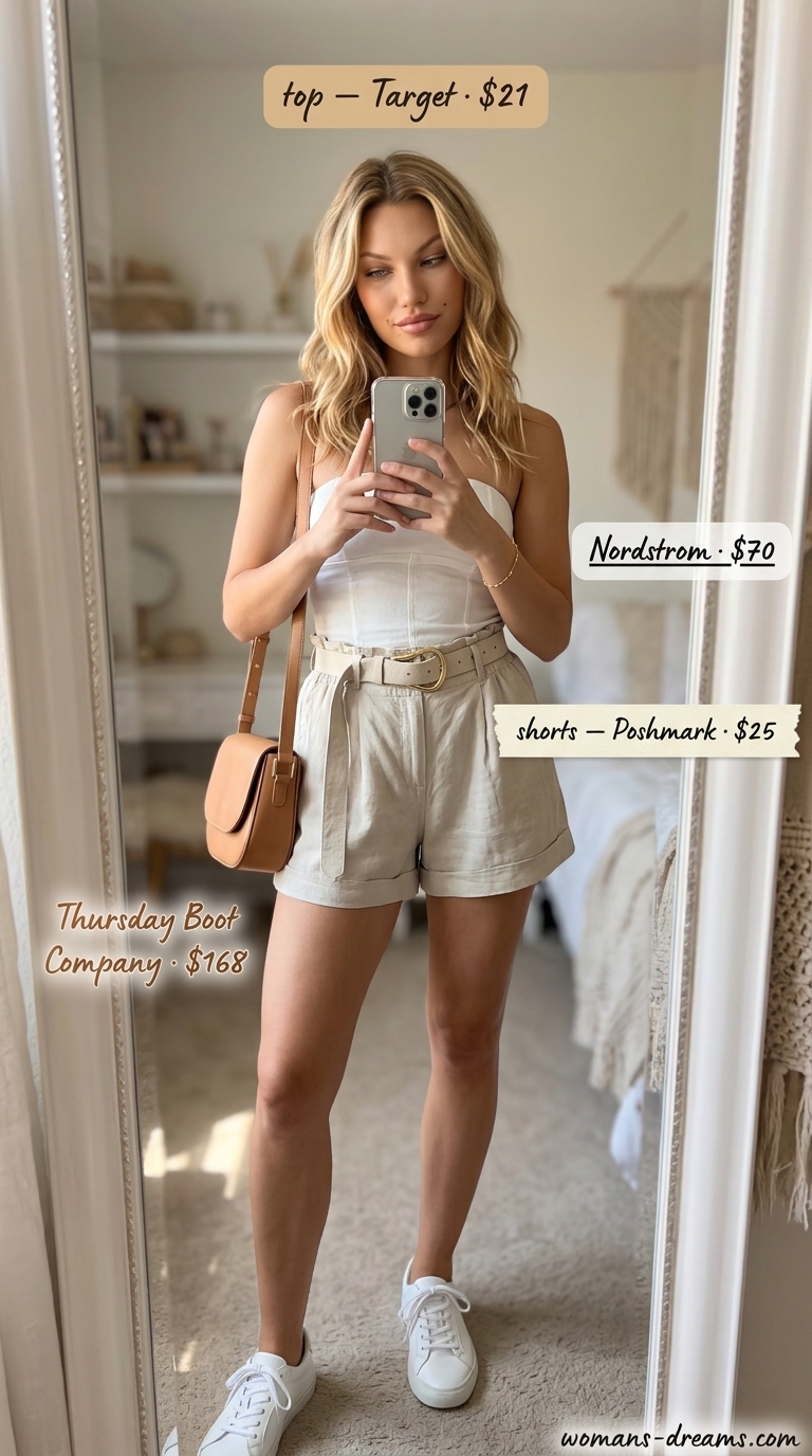 White bandeau top with tailored linen shorts for a chic city outing 2026.