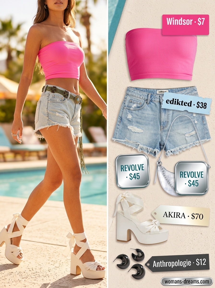 Hot pink bandeau top with low-rise denim shorts for a Y2K poolside look 2026.