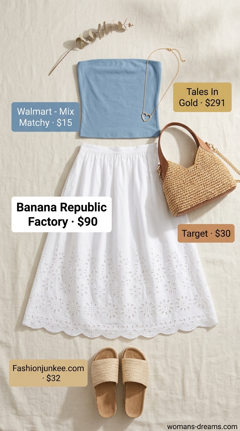 Summer bandeau top for women 2026 in sky blue knit with a white eyelet midi skirt and espadrille sandals.