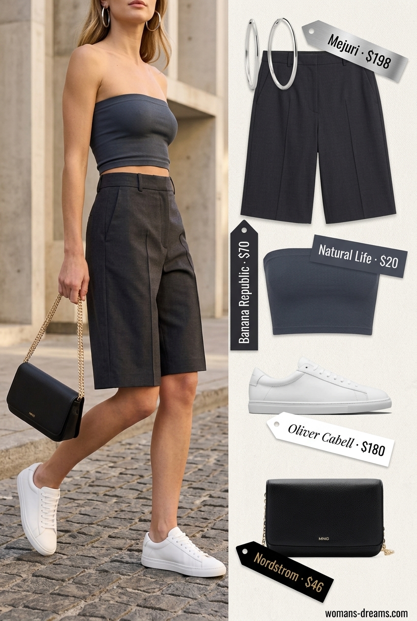 Black bandeau top with tailored Bermuda shorts for urban exploration 2026.