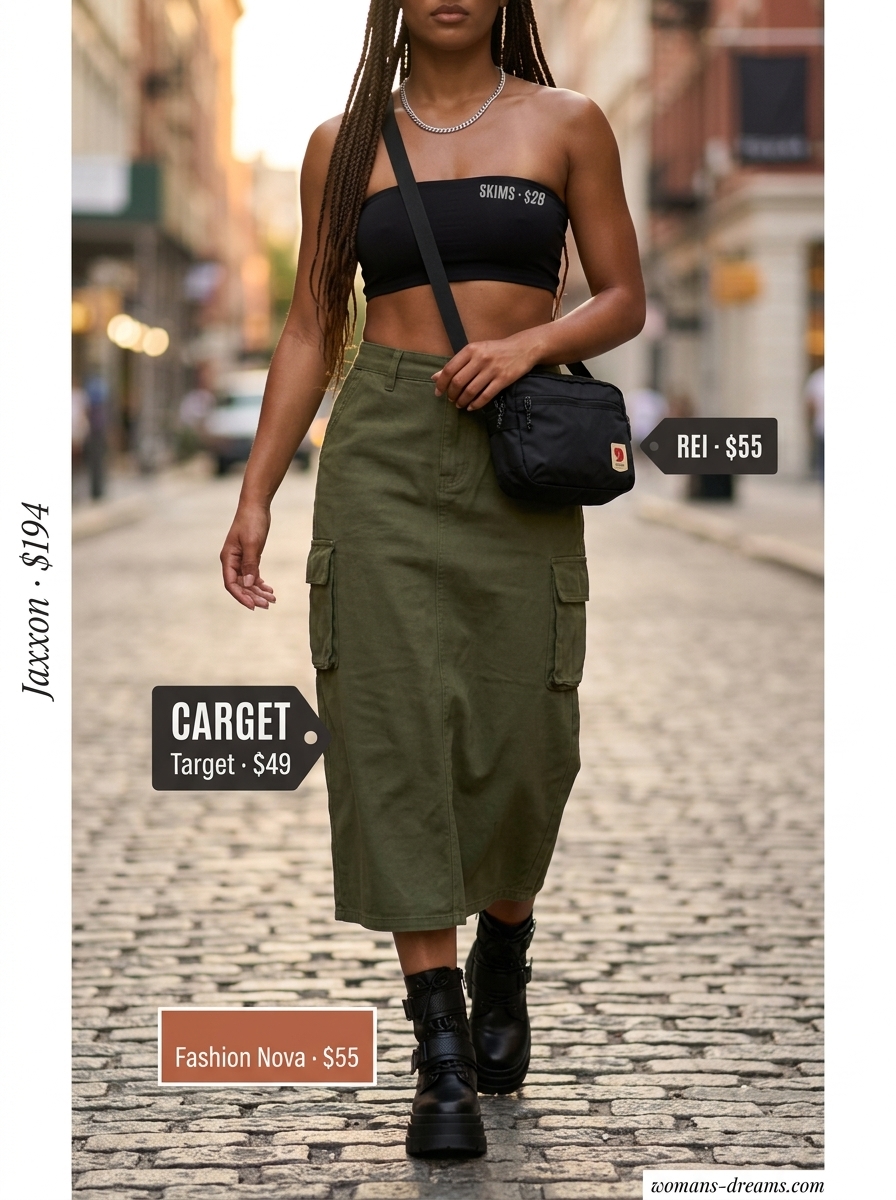 Summer bandeau top for women 2026 in black with an olive green cargo skirt, combat boots, and a utility bag.