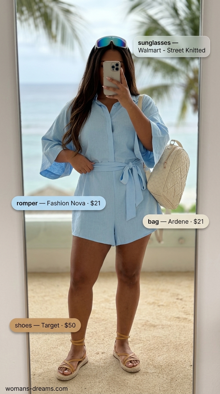 Playful summer beach outfit for women 2026: sky blue linen romper, tan espadrilles, white sunglasses.