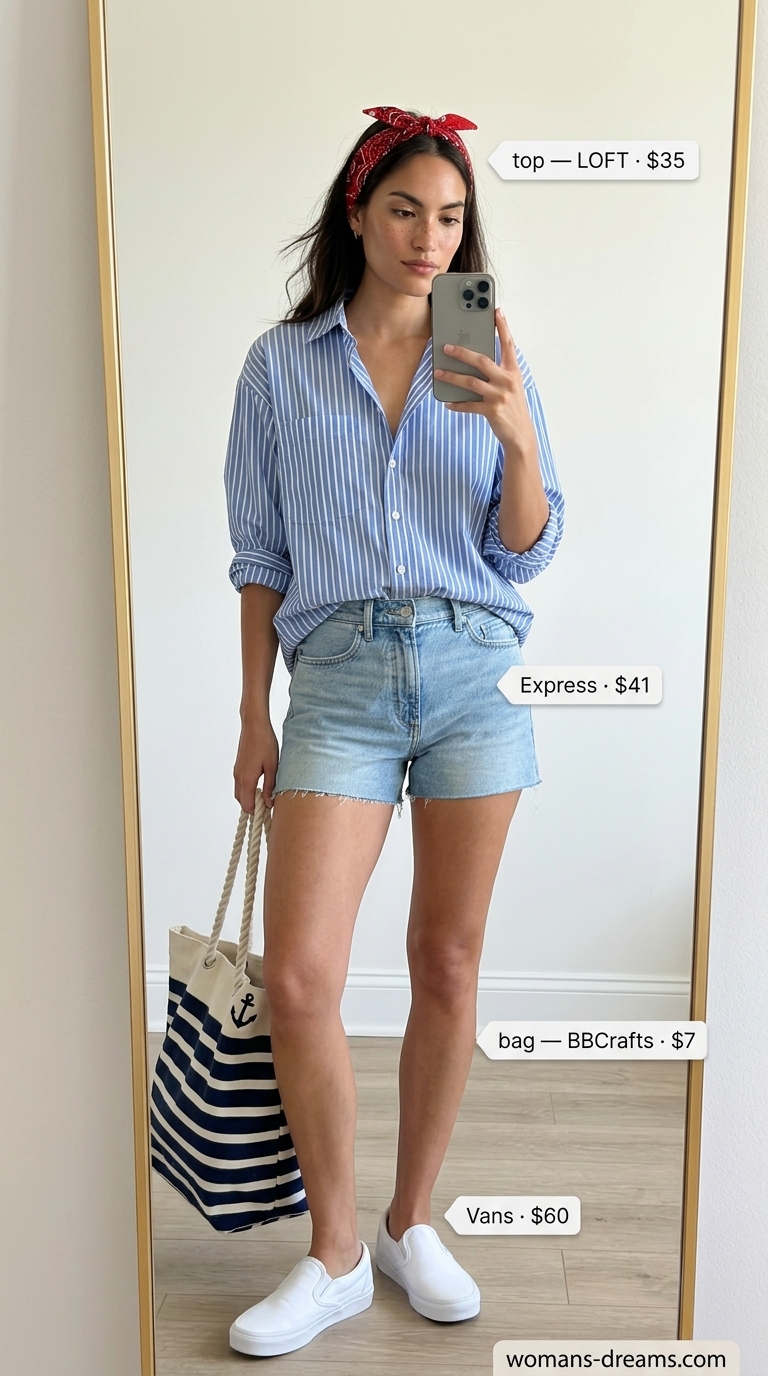 Striped oversized shirt, denim shorts, and red bandana for a summer beach outfit for women 2026 boardwalk casual.
