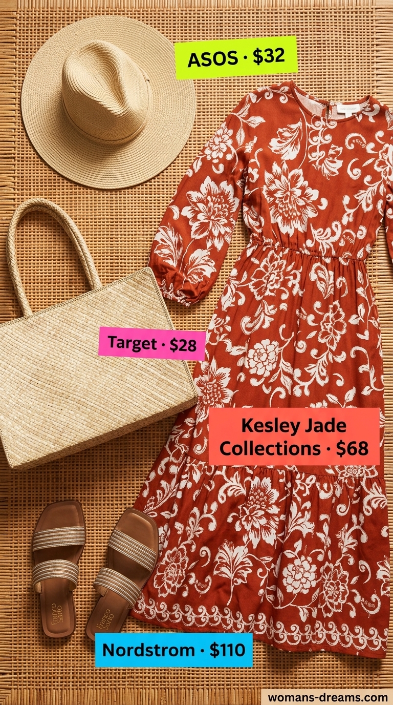 Earthy rust printed caftan maxi dress, wood bead necklace, and straw fedora for a summer beach outfit for women 2026.