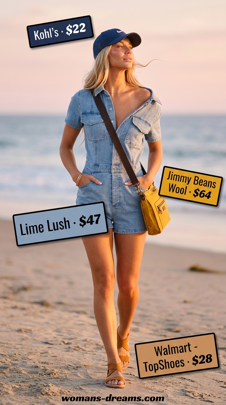 Casual summer beach outfit for women 2026: Denim romper, mustard yellow backpack, brown walking sandals.