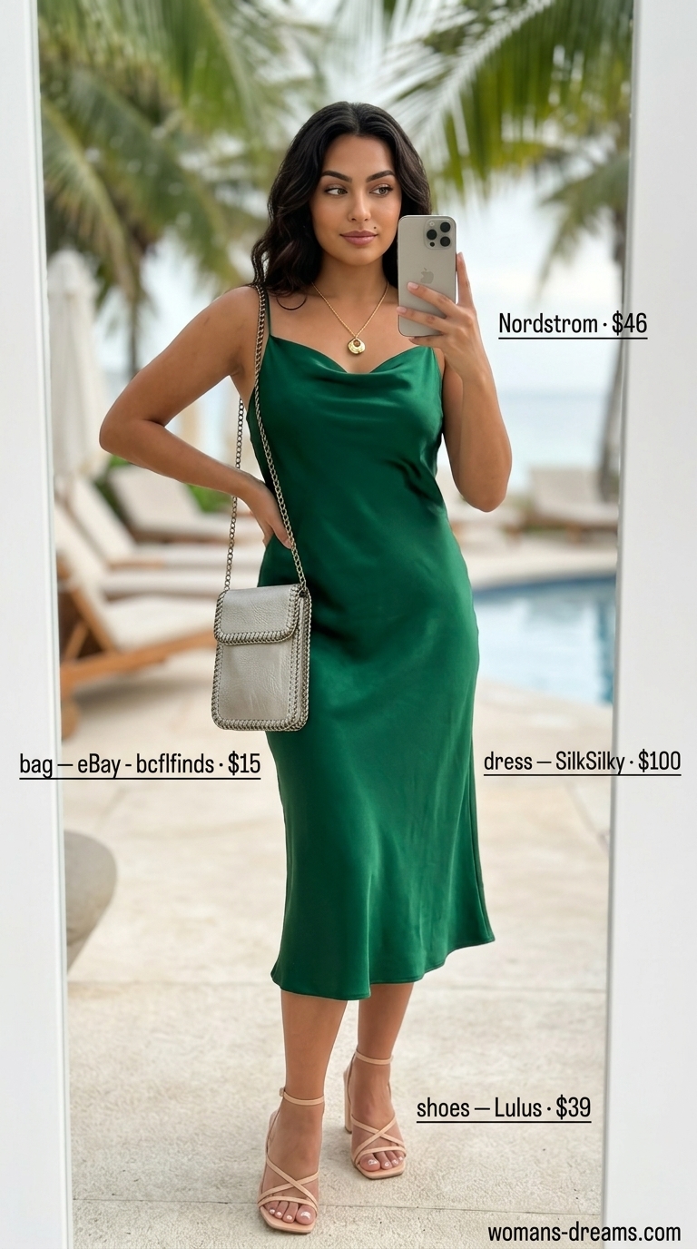 Elegant summer beach outfit for women 2026: emerald green satin slip dress, nude block heels, bronze mini bag.