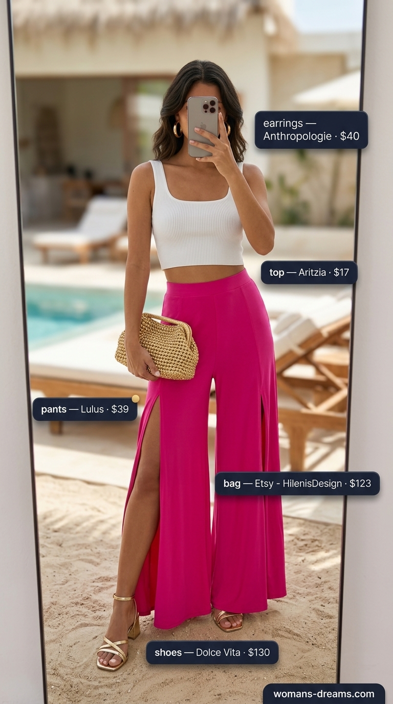Vibrant summer beach outfit for women 2026: fuchsia wide-leg pants, white crop top, gold sandals.