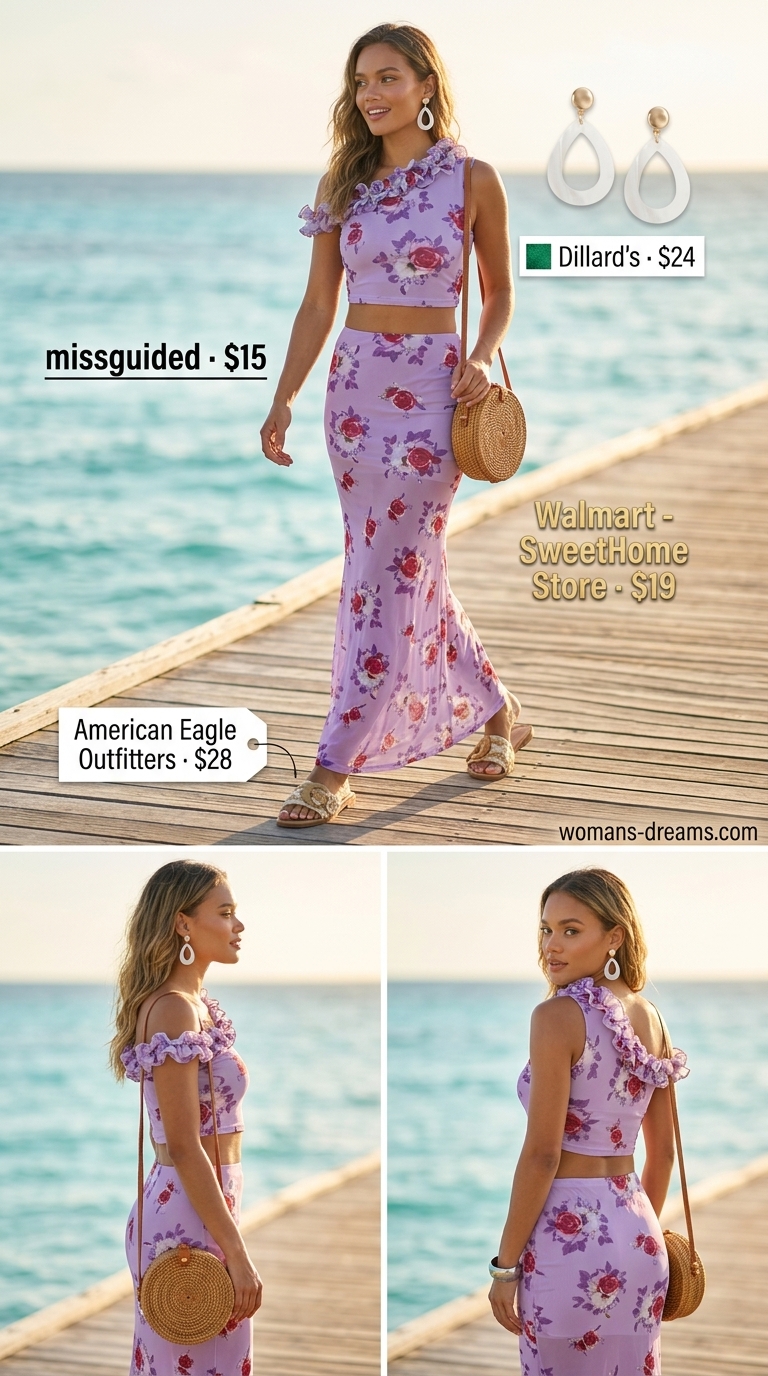 Charming summer beach outfit for women 2026: lavender floral set, straw crossbody bag, shell earrings.