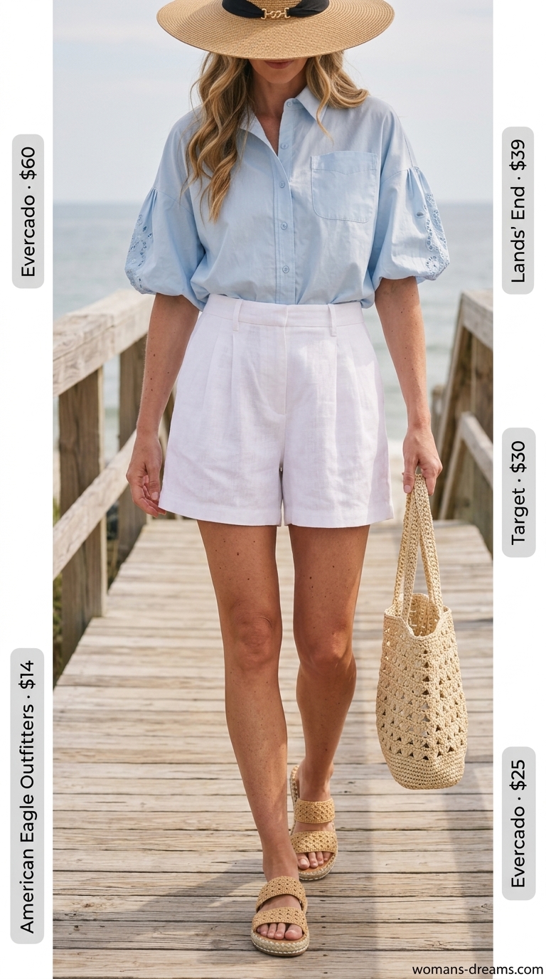 Elegant summer beach outfit for women 2026: White linen shorts, sky blue eyelet blouse, straw hat, raffia sandals.