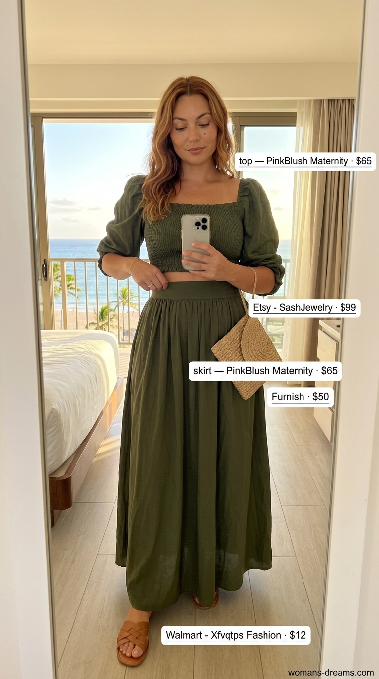 Sophisticated summer beach outfit for women 2026: olive green matching set, black slides, jute clutch.