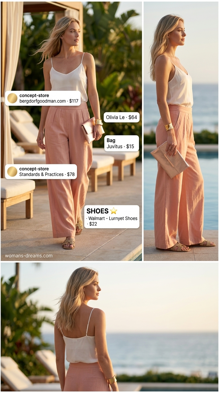 Sophisticated summer beach outfit for women 2026: soft peach linen pants, ivory camisole, gold cuff.