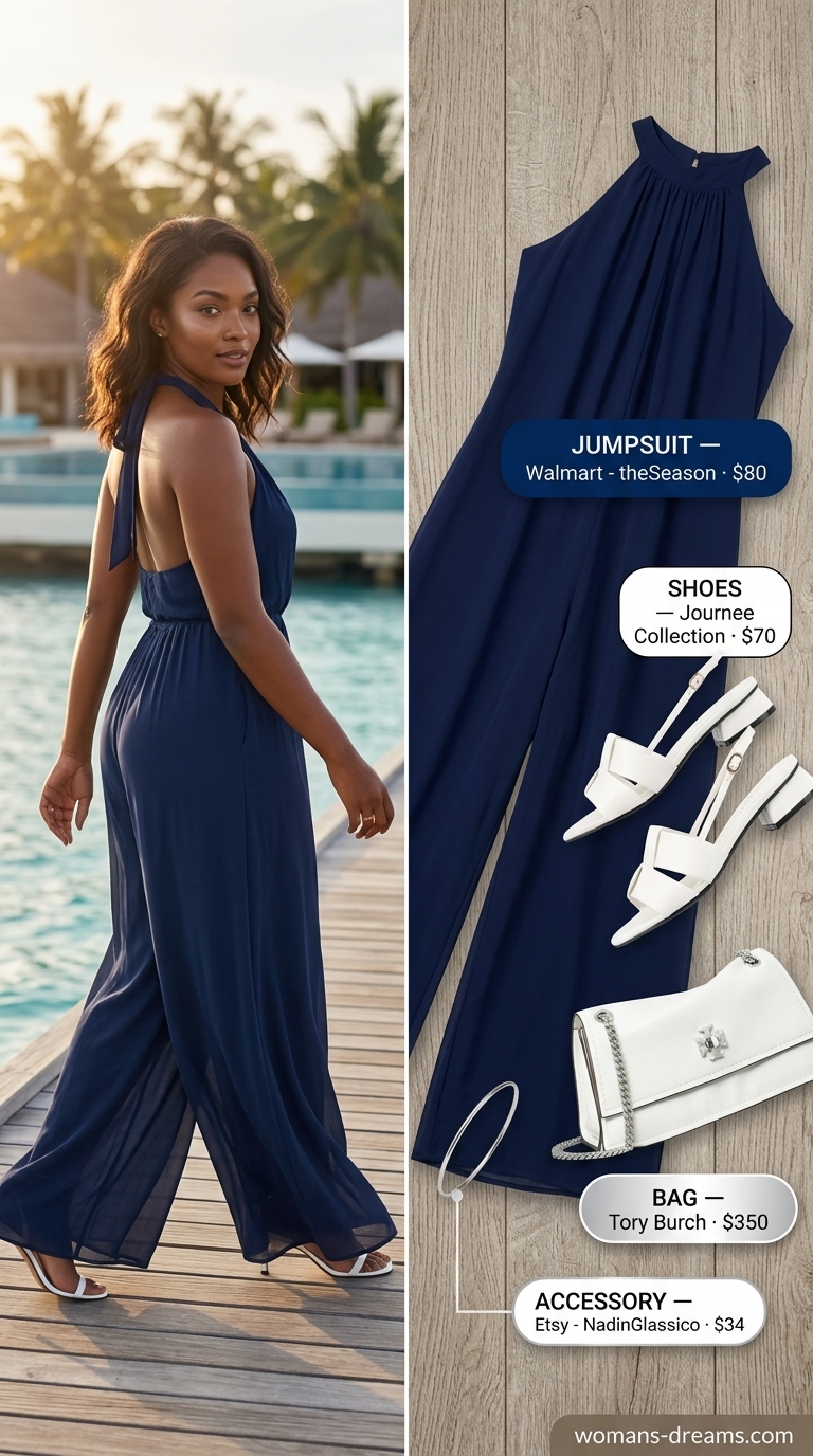 Navy blue wide-leg halter jumpsuit, white block heels, and silver accessories for a summer beach outfit for women 2026.