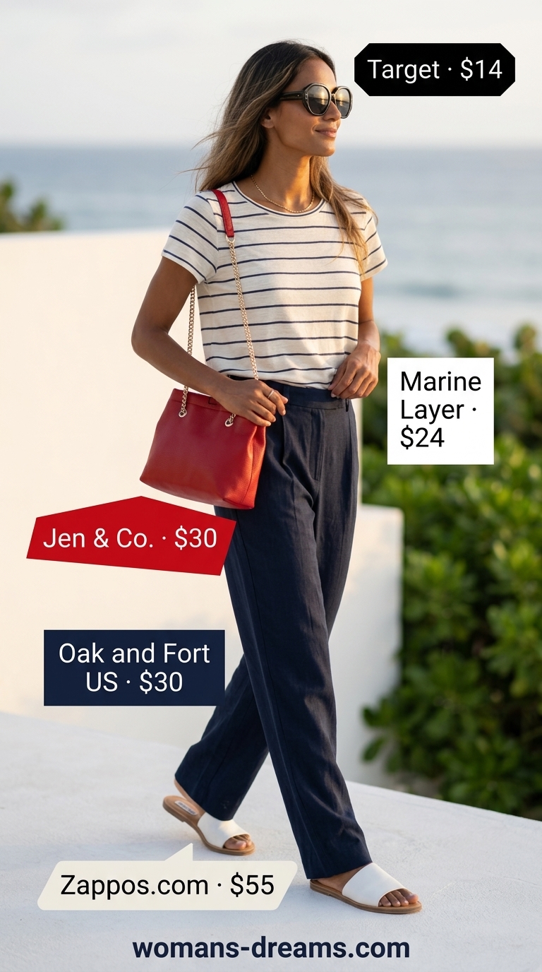 Sophisticated summer beach outfit for women 2026: Navy linen pants, striped knit top, white slides, red shoulder bag.