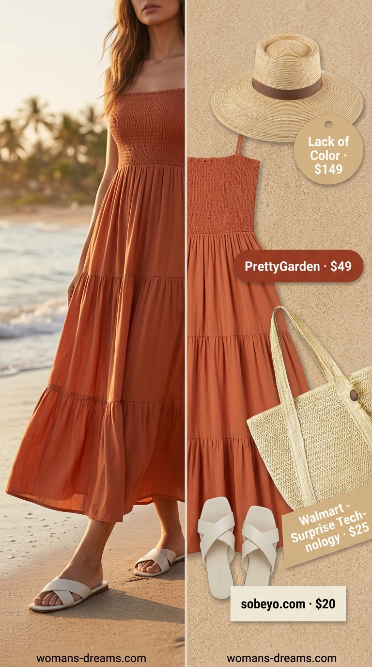 Bohemian summer beach outfit for women 2026: Rust maxi dress, cream sandals, layered gold necklaces, straw hat.