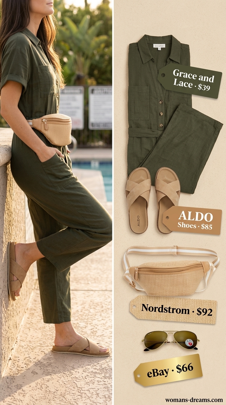 Khaki utility jumpsuit, straw belt bag, and aviator sunglasses for a summer beach outfit for women 2026.