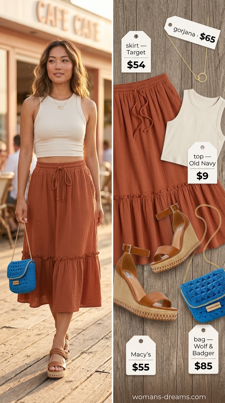 Terracotta tiered midi skirt, cream crop top, and espadrille wedges for a summer beach outfit for women 2026 market.